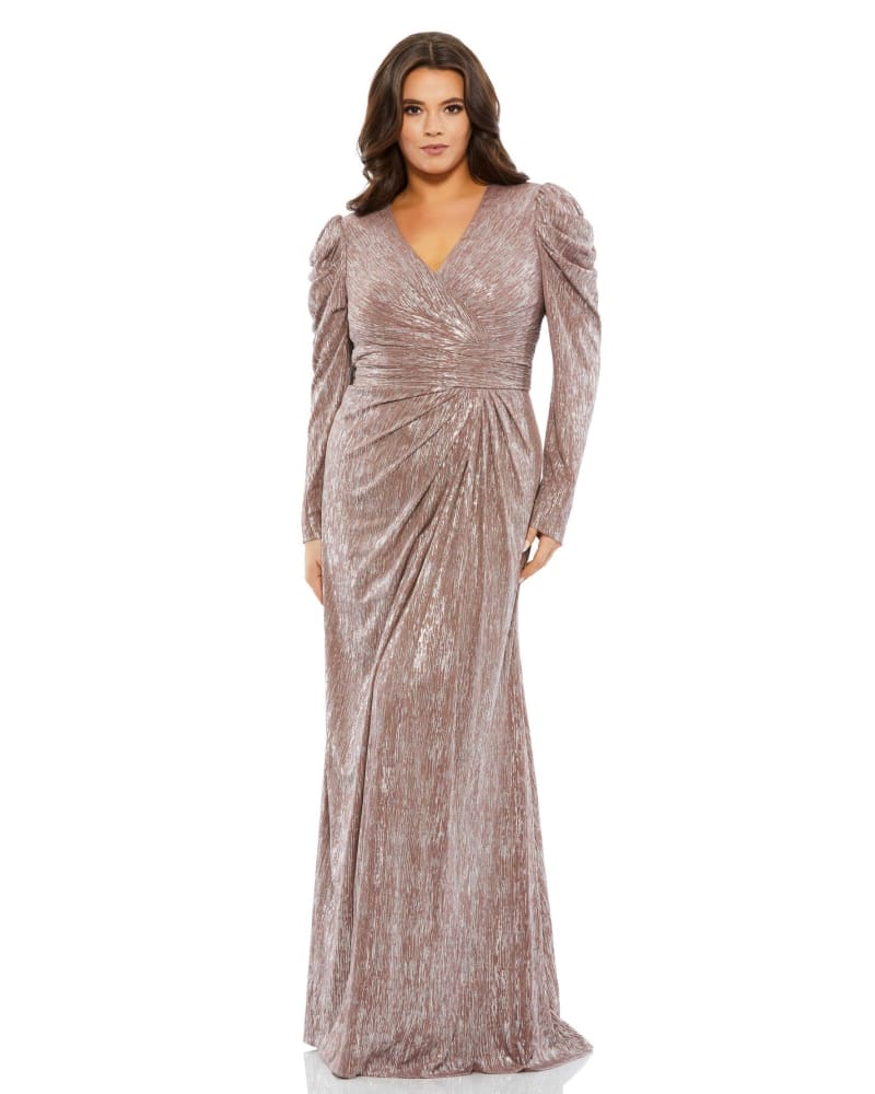 Front of a model wearing a size 14W Faux Wrap Draped Puff Sleeve Gown in Mauve by Mac Duggal. | dia_product_style_image_id:290053